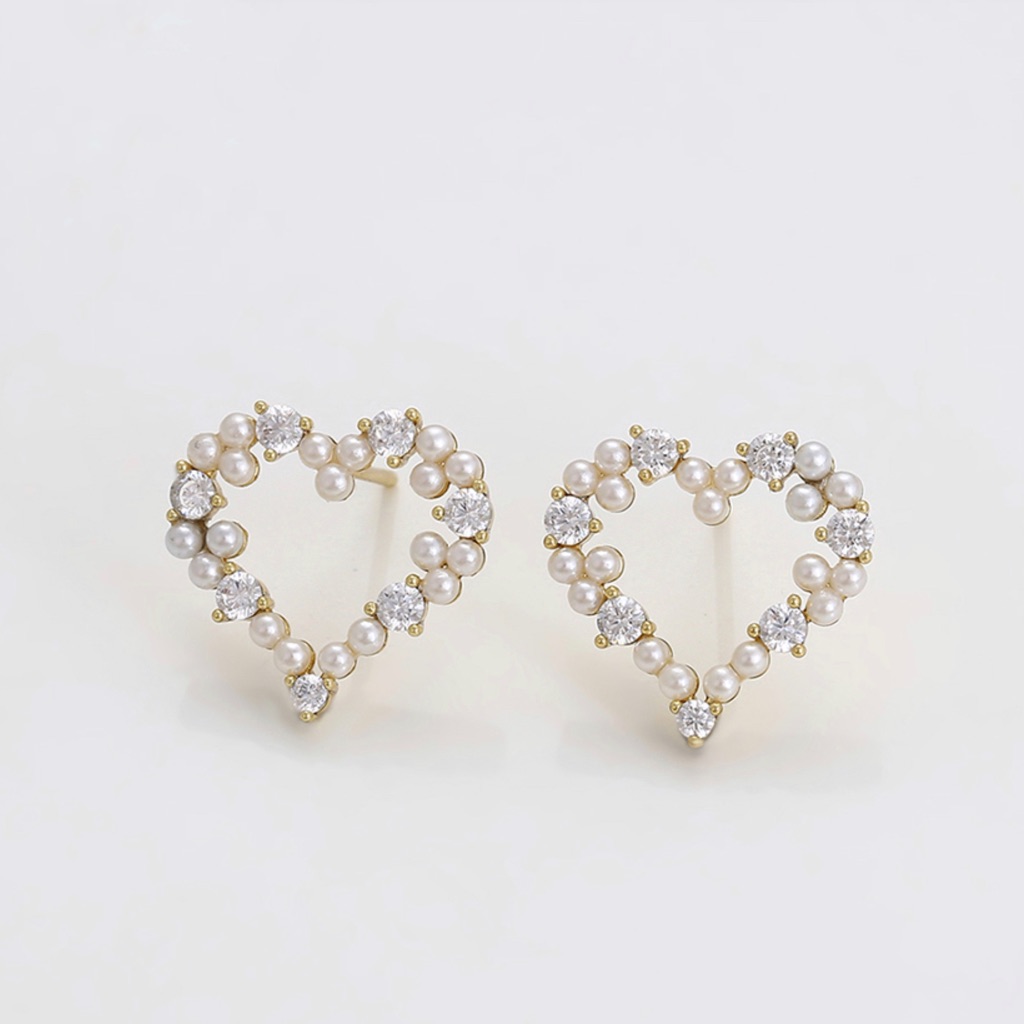 Heart Pearl Earrings 14k Gold Plated | Cz Stone & Pearl Minimalist Earrings
